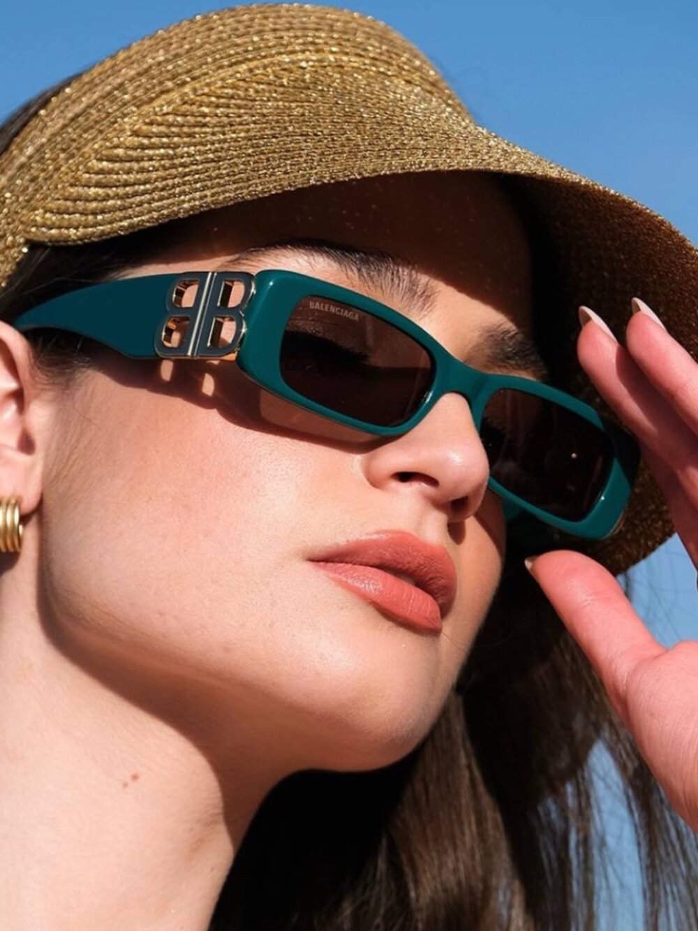 Balenciaga BB0096S 006 Sunglasses Green Rectangle Frame, Grey Lenses